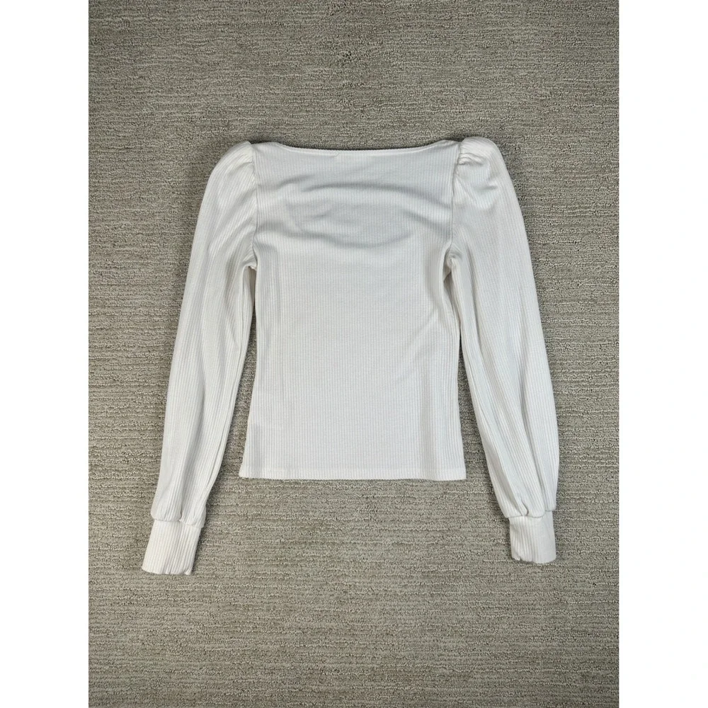 Reformation Jeans White Ribbed Scoop Neck Puff Sleeve Top XS